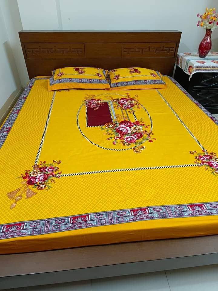 100% Cotton Yellow Bedsheet panel design  (৩ পিসের সেট)